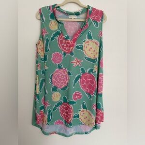 Simply Southern Sleeveless V Neck Turtle Seashell Summer Blouse Women XL Aqua‎